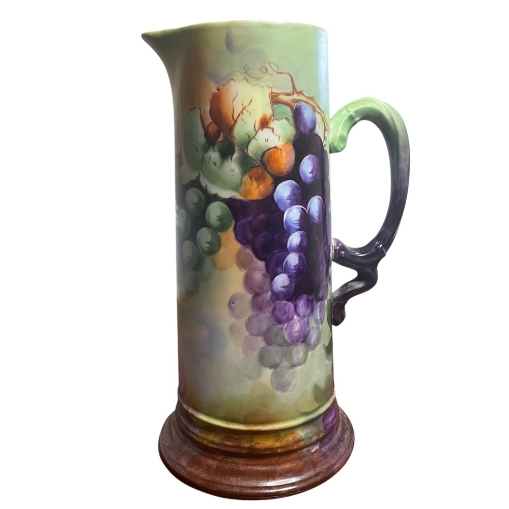 Antique Jean Pouyat Limoges Porcelain Hand-Painted Tankard Pitcher Grapes Vines